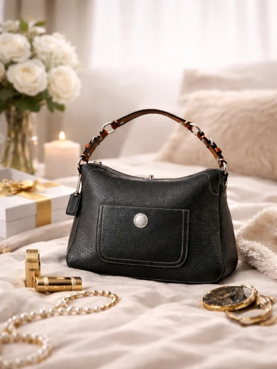 Coach Chelsea Turnlock Hobo Black Pebbled Leather Shoulder Bag Brown Strap Small - Picture 2 of 16